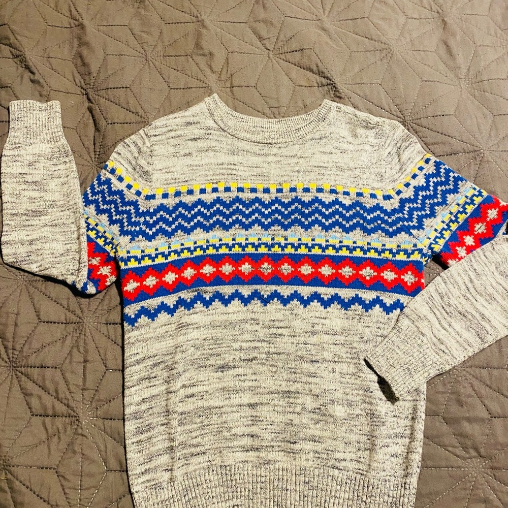 Gray Sweater with Multicolor Pattern